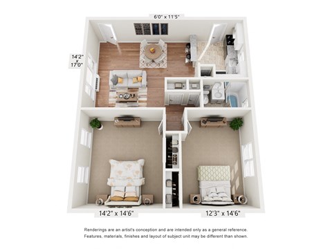 Floor plan for 2 beds, 1 bath, 875 sqft